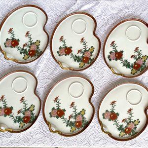 Vintage 1960s Kutani Hand Painted Snack Plate - Set of 6, Red Band with Gold Zig